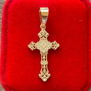 14K Solid Yellow Gold Orthodox Cross Necklace / Crucifix Orthodox Cross Pendant / Unisex Religious Necklace / Gift for Her