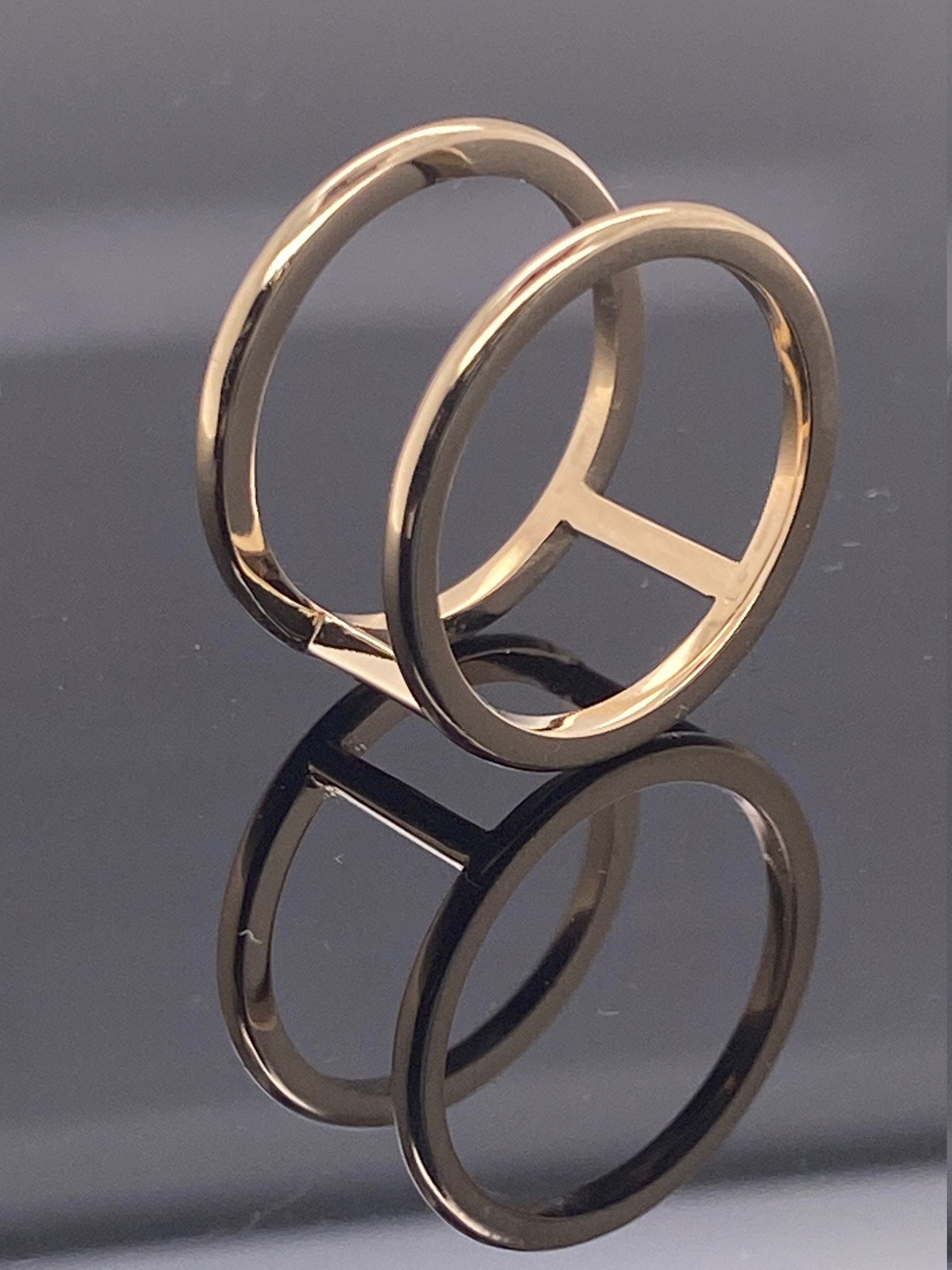 14K Solid Yellow Gold Double Band Ring / Bar Ring / Two Row Etsy