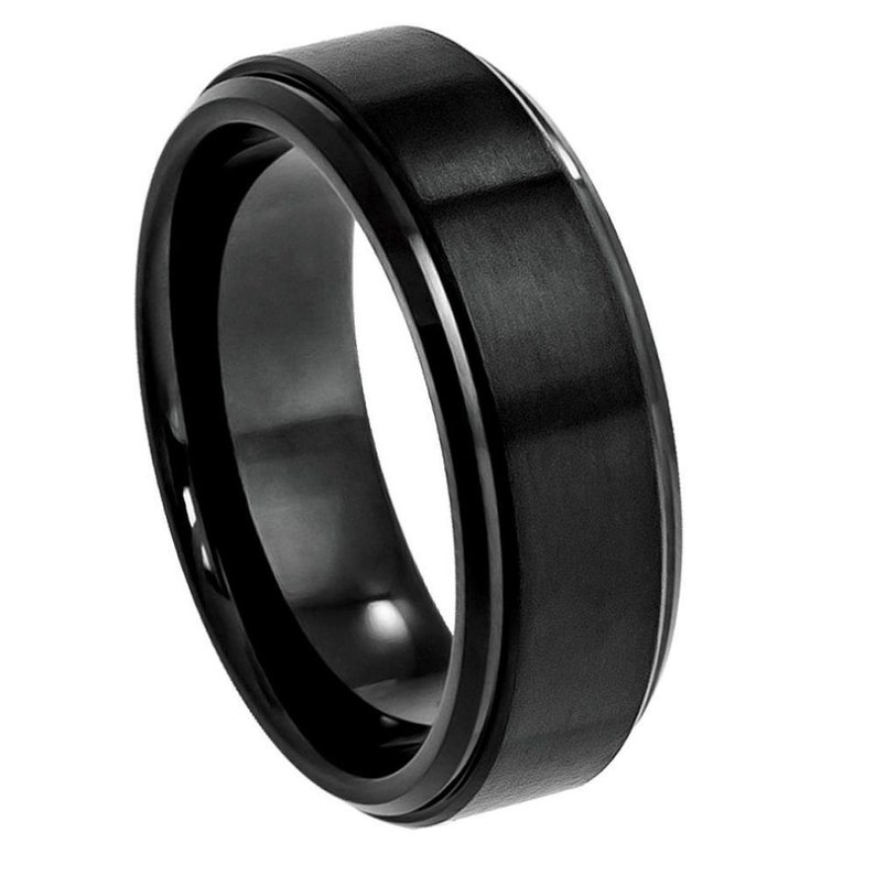 Black Plated flat brushed center with high polished stepped edge ring Tungsten Carbide 8mm Wedding Band