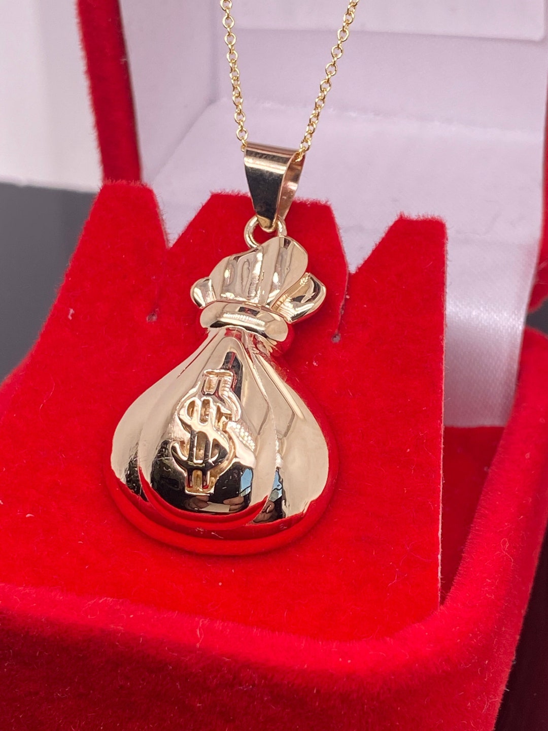 14K Solid Gold Gold Money Bag Pendant / Dollar Sign Money Sack Necklace
