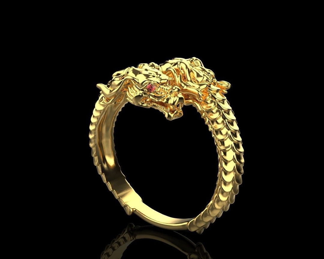 14K Solid Gold Dragon Ring / Dragon Statement Ring With Ruby / Dragon ...