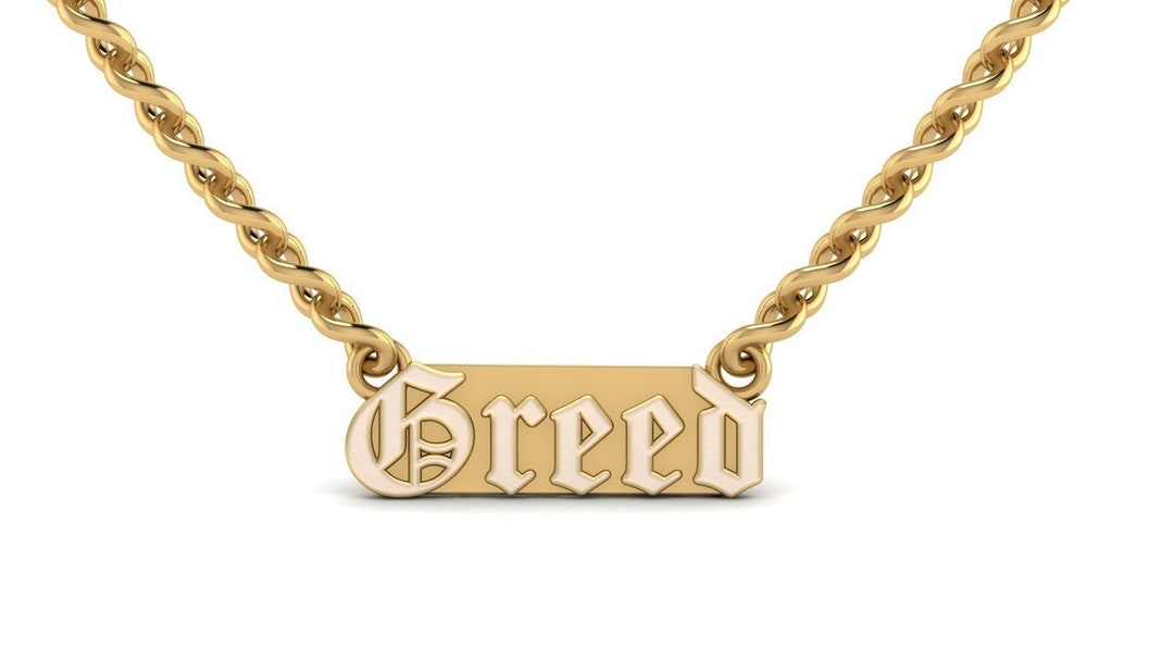 14K Solid Gold Greed Pendant / Gold Greed Necklace / Greed Pendant in