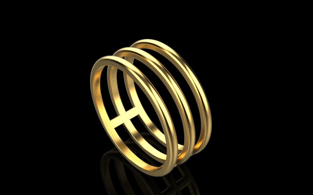 14K Solid Gold Bar Ring / Gold 3 Bars Ring / Triple Gold Band / Triple