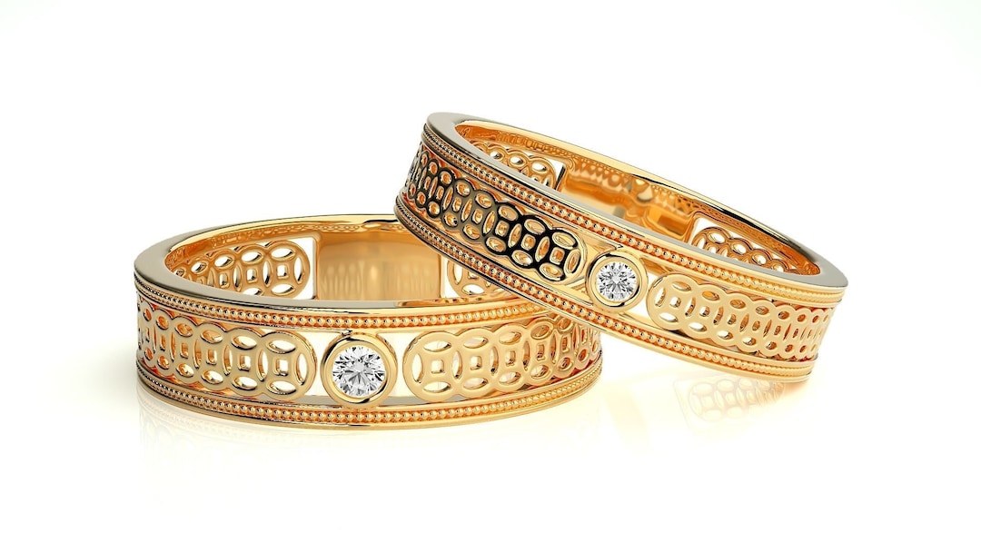 Set of 2 Pieces 14K Solid Gold Diamond Wedding Band for Him & - Etsy