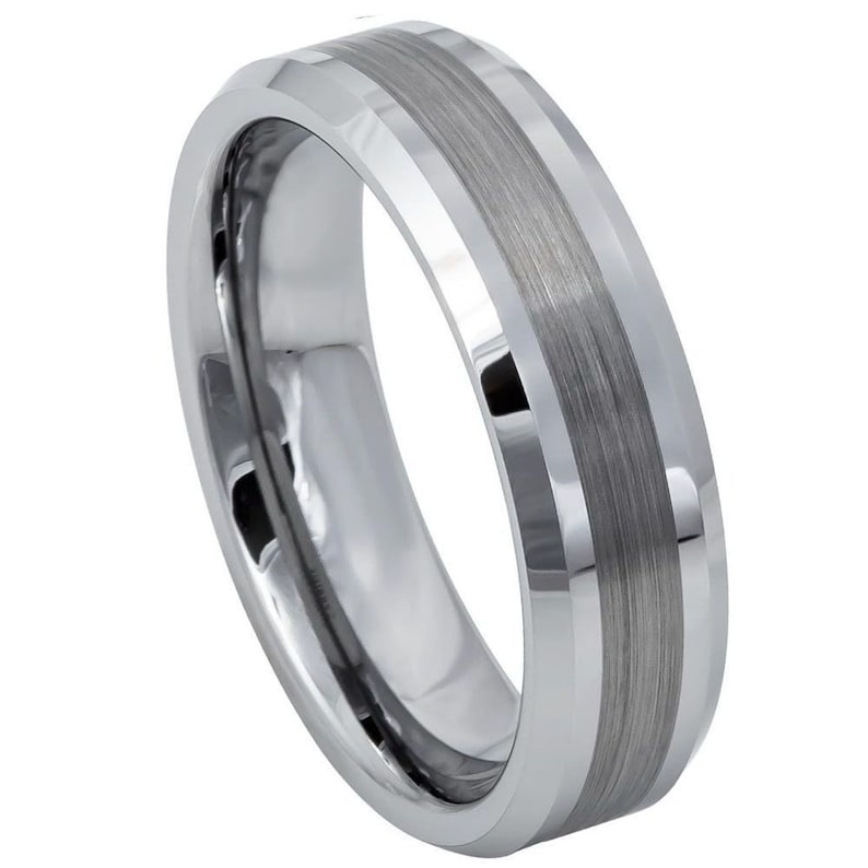 Tungsten Carbide Brushed Center High Polished Beveled Edge Band Ring 6mm