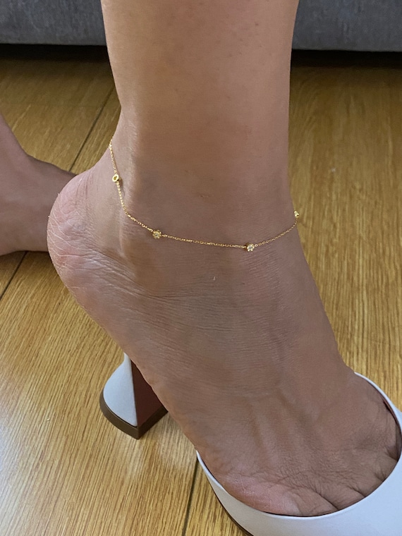 14K Solid Gold Anklet With REAL NATURAL Diamonds Summer Etsy