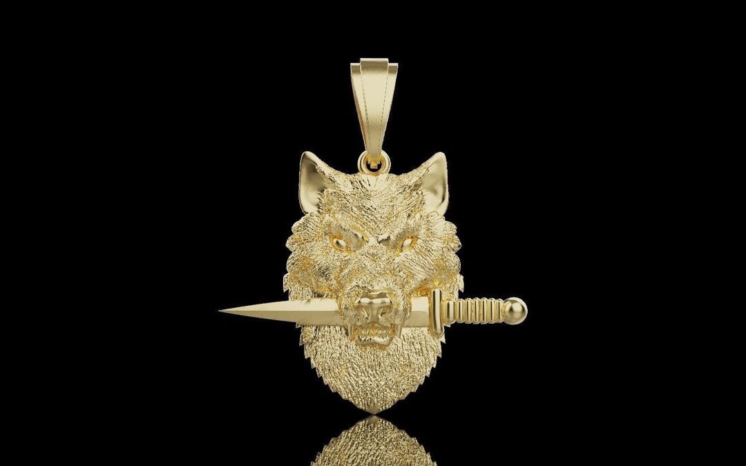 14K Solid Gold Wolf Pendant 10 Grams / Gold Wolf and Sword Necklace