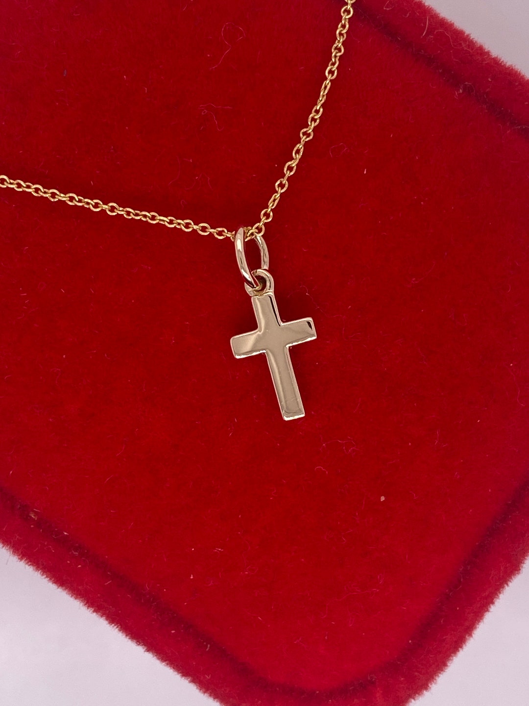 14K Solid Yellow Gold Small Cross Necklace/ Mini Crucifix Simple and