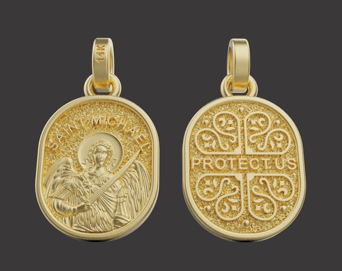 14K Solid Gold Saint Michael Double Sided Pendant / Gold Necklace / 14K Solid Yellow Gold St