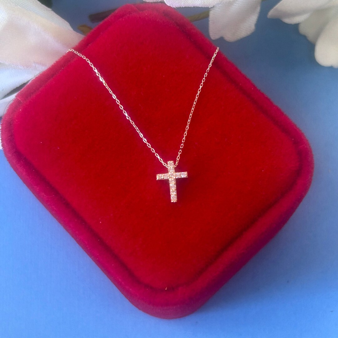Diamond Cross Necklace in 14K Solid Gold for Her / Christian Jewelry