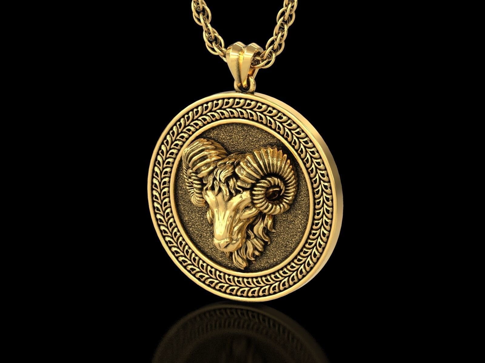 14k Solid Gold Aries Zodiac Sign Ram Medallion Pendant Gold Ram