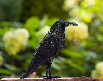 Crow Sculpture, Steampunk Decor, Wired Birds, Black Bird, Bird Lover Gift, Bird Sculpture, Bird Art, Black Figurine, Bird Home Decor