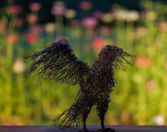 Wire Bird, Bird Figurine, Black Bird Decor, Flying Raven Art, Majestic Bird, Flying Art, Outspread Wings Art, Hero Gift, Black Home Decor