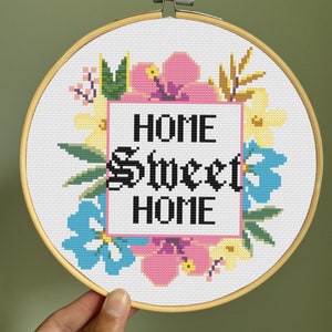 Home Sweet Home Floral Cross Stitch Pattern 6&quot; Hoop 18 Count Aida DIY Decor PDF Download Modern