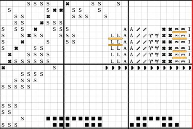 May include: A black and white cross stitch pattern with a variety of symbols, including letters, numbers, and geometric shapes. The pattern is divided into four sections, each with a different design. The pattern is on a white background.