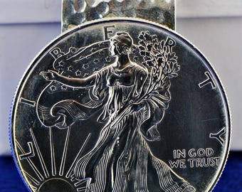 Silver US American Eagle Coin Hammered Texture Sterling Silver Money Clip