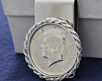 1964 JFK Half Dollar Coin money Clip Diamond-Cut, Roped-Bezel