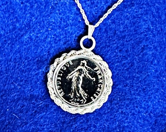 French Half Franc Marianne Necklace with Sterling Silver Diamond-Cut Rope Bezel