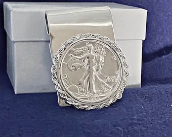 Silver Handmade Hinged Walking Liberty US Silver Half Dollar Coin Money Clip