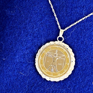 Italian 1 Euro Vitruvian Man Coin Necklace With Sterling Silver Roped Bezel image 1