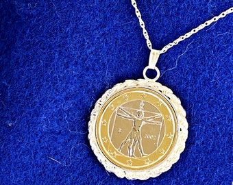 Italian 1 Euro Vitruvian Man Coin Necklace With Sterling Silver Roped Bezel