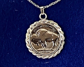 US Buffalo Nickel Coin Necklace With Sterling Silver Roped Bezel