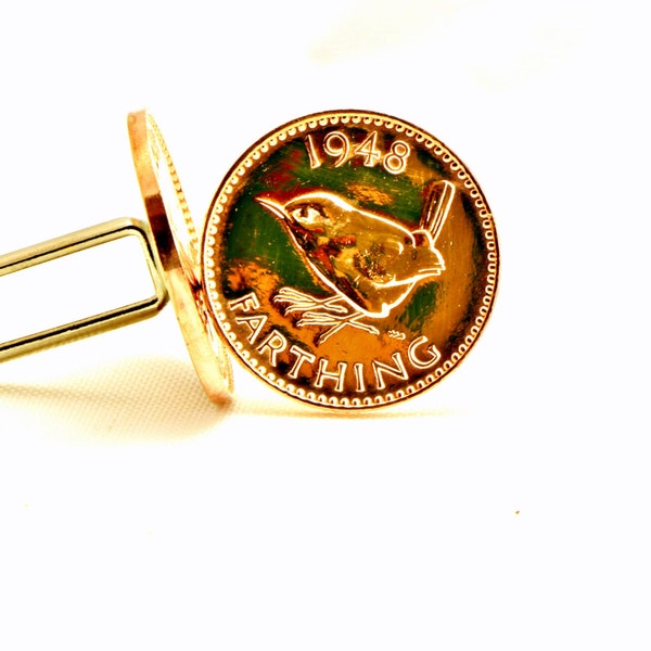 Vintage English Wren Bronze Farthing Coin Cufflinks