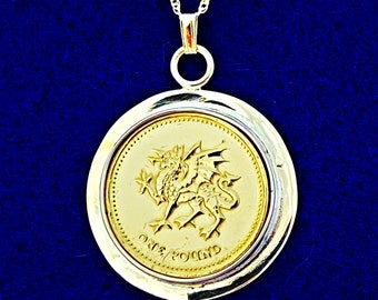 Welsh Passant Dragon Brass 1 Pound Necklace With Silver Bezel