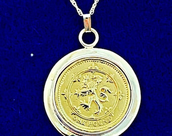 Scottish Rampant Lion brass 1 Pound Necklace With Silver Bezel