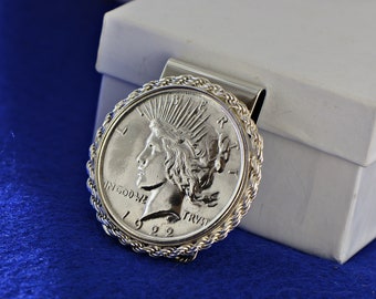 Peace Silver Dollar Diamond Cut Roped Bezel Coin Money Clip