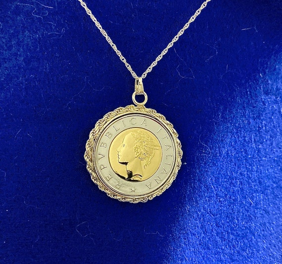 Italian 500 Lire Coin Necklace With Sterling Silver Roped Bezel