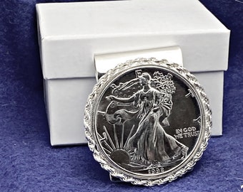 Handmade Hinged U.S. Silver Eagle Coin Money Clip - Rope Bezel