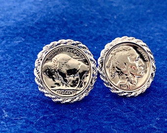 US  Buffalo Nickel Coin Cuff Links Silver Rope Bezel
