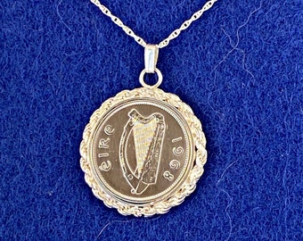 Irish Harp Sixpence Coin Necklace With Sterling Silver Roped Bezel