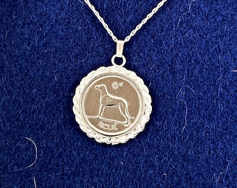 Irish Wolfhound Sixpence Coin Necklace With Sterling Silver Roped Bezel