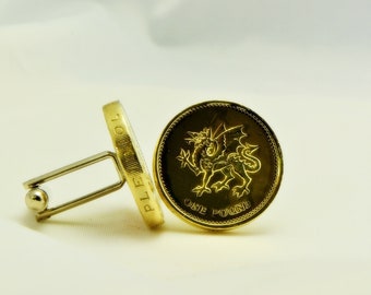 Welsh 1 Pound Passant Dragon Coin Cufflinks