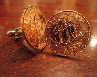 Vintage Bronze English Clipper Ship Half Penny Coin Cufflinks