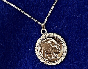 US Buffalo Native American Coin Necklace With Sterling Silver Roped Bezel