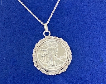 Mini Walking Liberty 10th oz Coin Necklace with Sterling Silver Diamond Cut Bezel