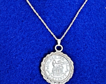 Sterling Silver British Empire Sixpence Coin Necklace with Diamond Cut Rope Bezel