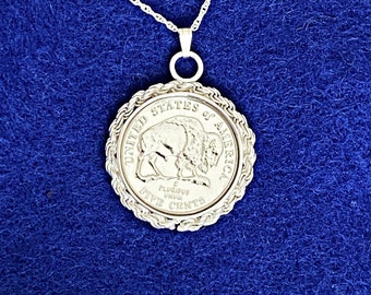 US Buffalo Nickel (2005) Coin Necklace With Sterling Silver Roped Bezel