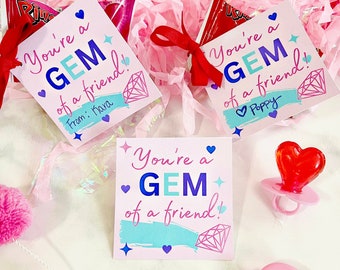 Ring Pop Valentine Tags, You're a Gem of a Friend Valentine, Printable Valentine's, Toddler Girl Valentine's, DIY Ring Pop Valentine Tags