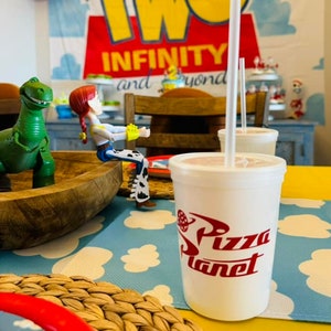 Pizza Planet Party Cups, Toy Story Themed Birthday Party, Pizza Planet Party Decor, Kids Party Cups, Two Infinity & Beyond Birthday