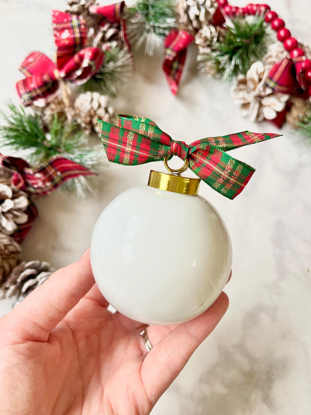 White Porcelain Ball Ornament, Blank Ball Ornament, 2.5 Inch Ball Ornament With Plaid Christmas