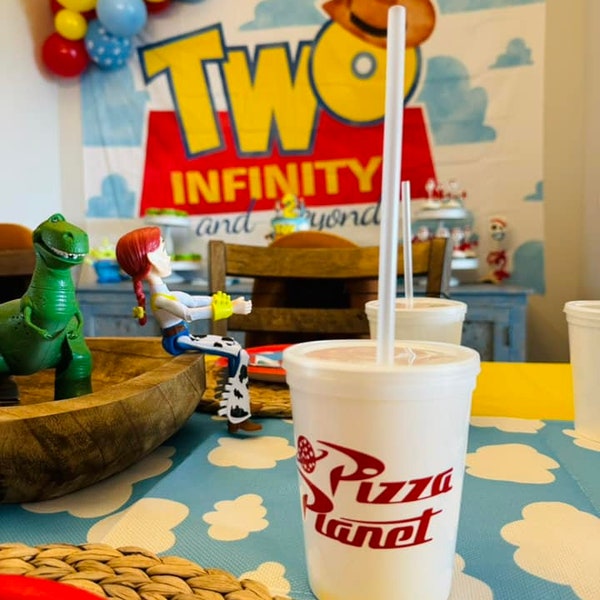 Pizza Planet Party Cups, Toy Story Themed Birthday Party, Pizza Planet Party Decor, Kids Party Cups, Two Infinity & Beyond Birthday
