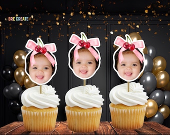 Cherry 1st birthday cupcake toppers with photo | Cherries Birthday Party  | coquette bow | milestone | pink first Birthday Decorations