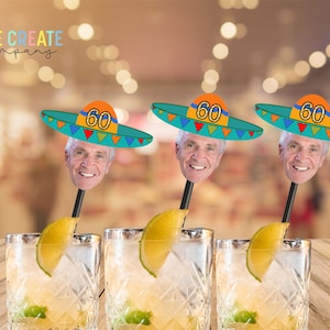 Sombrero fiesta drink stirrers  with  face | birthday party decoration | 21st | 30th | 40th | 50th | 70th 80th | personalized photo sticks