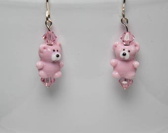 Lampwork pink teddy bear earrings-A410