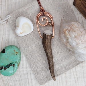 Antler Pendant, Heavy Gauge Solid Copper nature Pendant, Unique Style Deer Antler Talisman, shaman pendant, red tourmaline bead, copper
