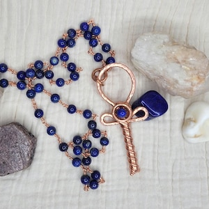 Copper Ankh Pendant on Lapis Lazuli Hand Beaded Copper Chain, Personal Key of Life Talisman, Energy, Ankh necklace, handmade, hammered